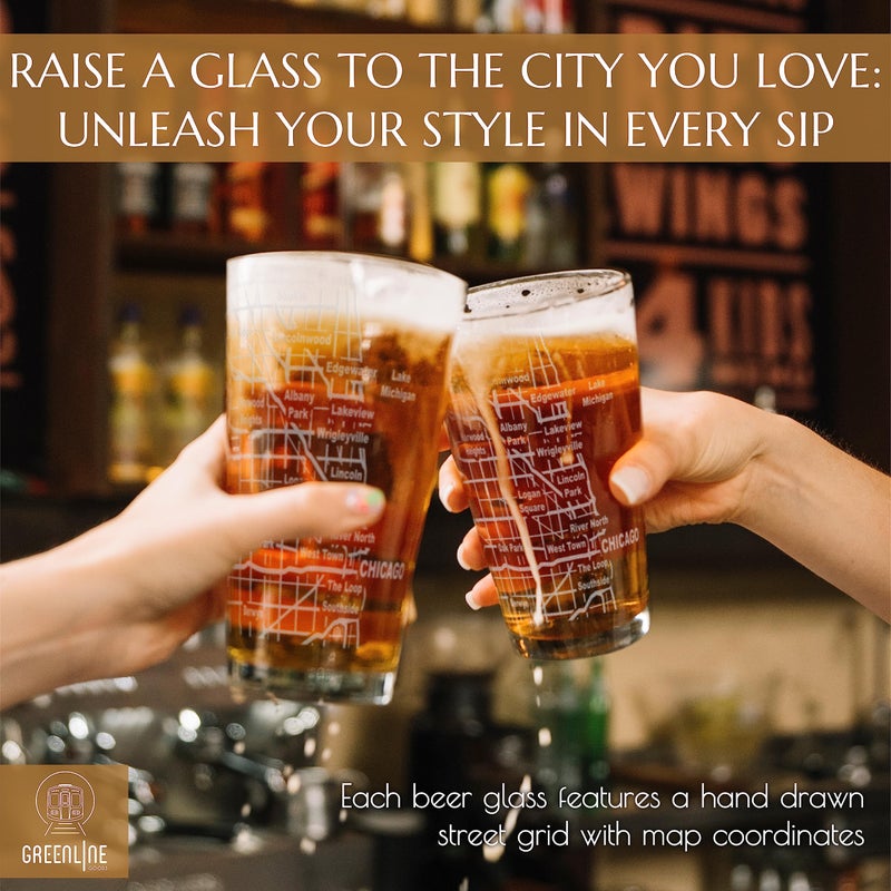 Greenline Goods Beer Glasses - 16 oz Drinkware Set for Chicago lovers - Set of 2 - Etched with Chicago, IL Map | Premium Decorative Glassware - Image 2